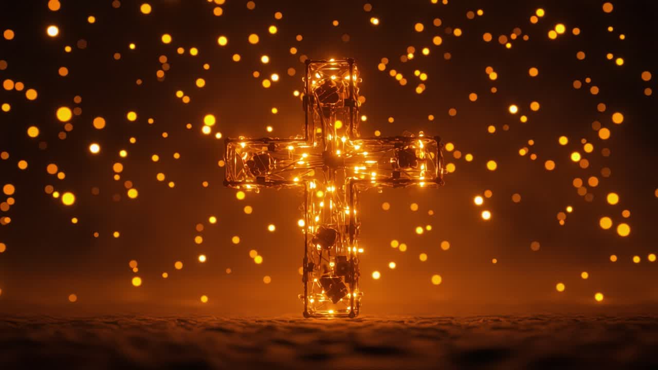 Illuminated Cross Shining Brightly Against a Dark Background with Glittering Particles: A Symbol of Faith and Light in a Serene and Reflective Atmosphere