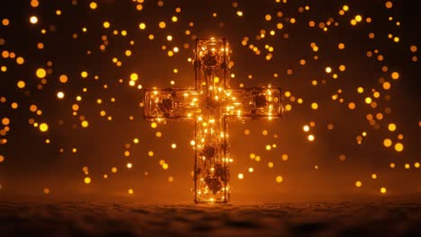 illuminated cross shining brightly against a dark background with glittering particles: a symbol of faith and light in a serene and reflective atmosphere