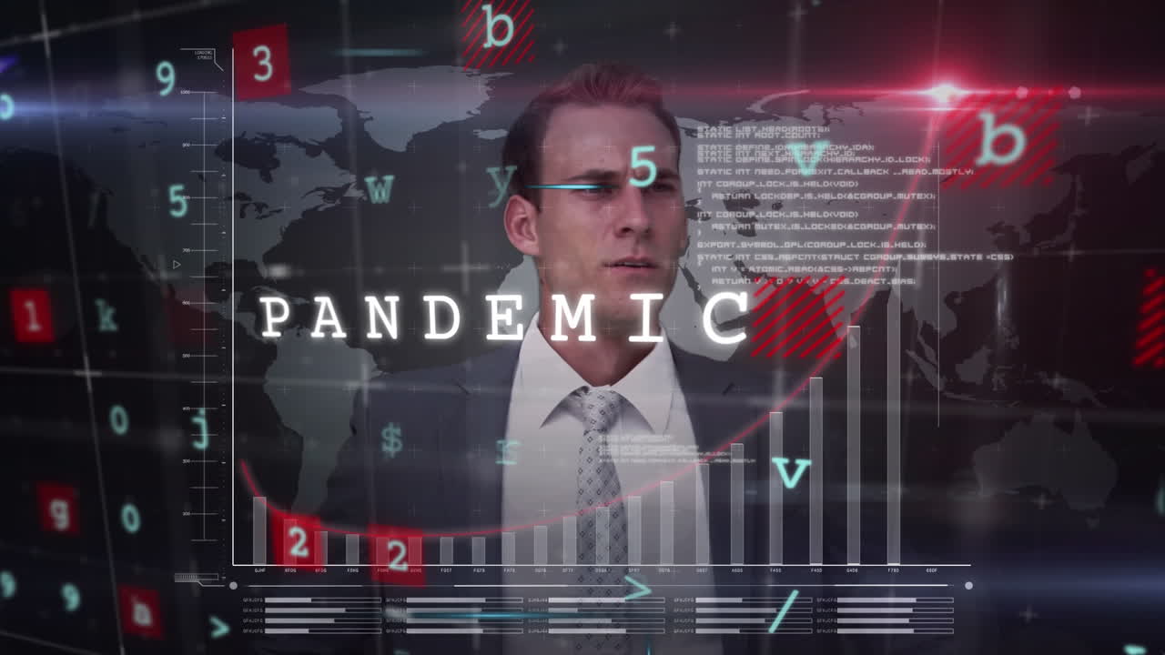 코로나19 텍스트의 애니메이션과 검은색 배경의 백인 사업가