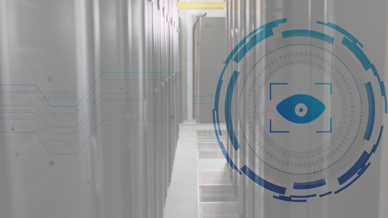 Animation of retina round scanner and microprocessor connections against computer server room