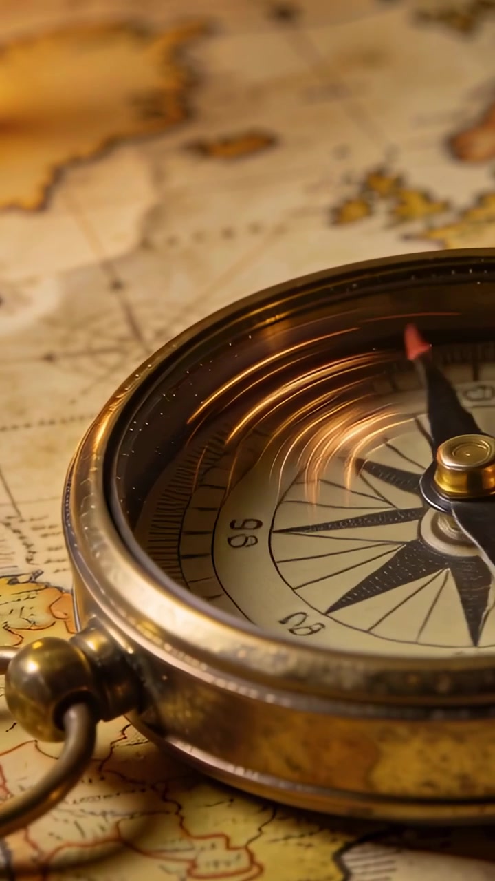 Vertical video: Camera pulling closer to reveal brass compass on map, needle settling, copy space