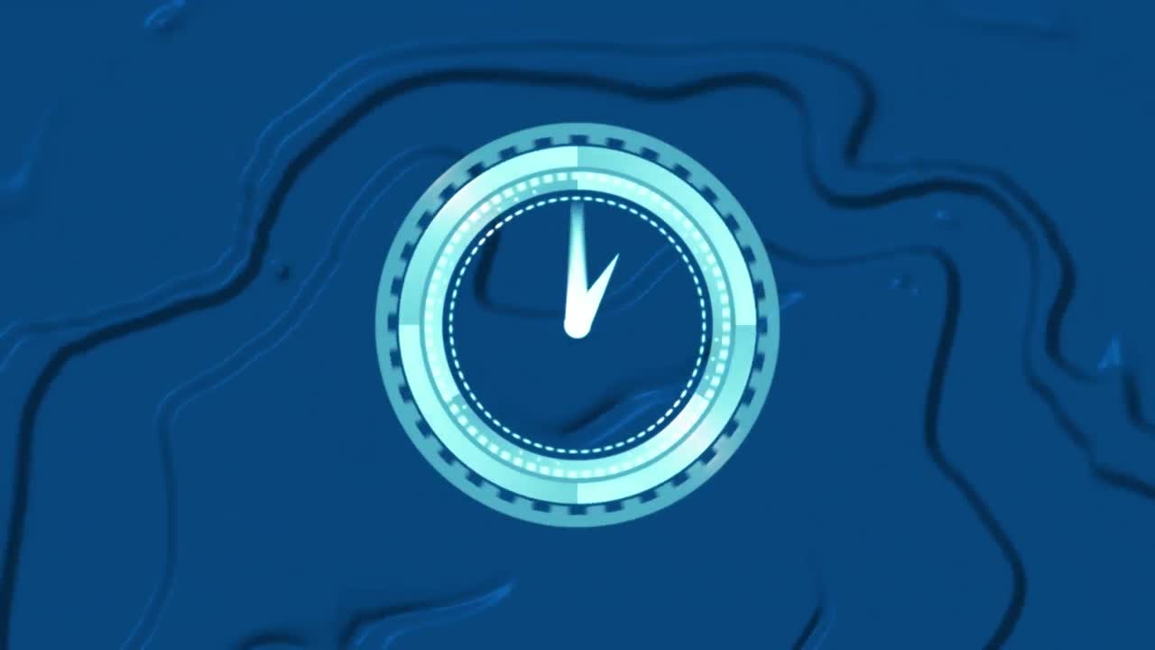 Animation of clock moving fast over blue liquid background