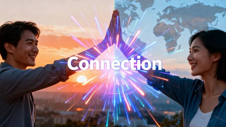 Man, woman meeting palms, sparking light burst over world map, showing Connection in tech