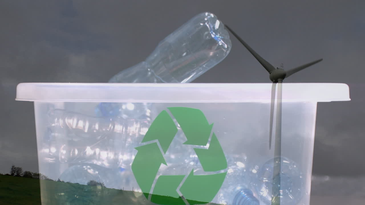 animación de un cartel de reciclaje verde sobre una caja con botellas de plástico y una turbina eólica