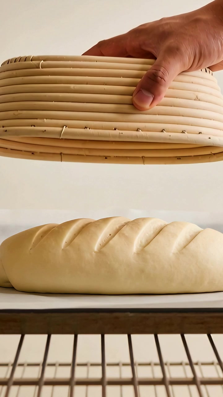 Vertical video: Hand from right lifting rotating basket in kitchen, exposing scored loaf for baking