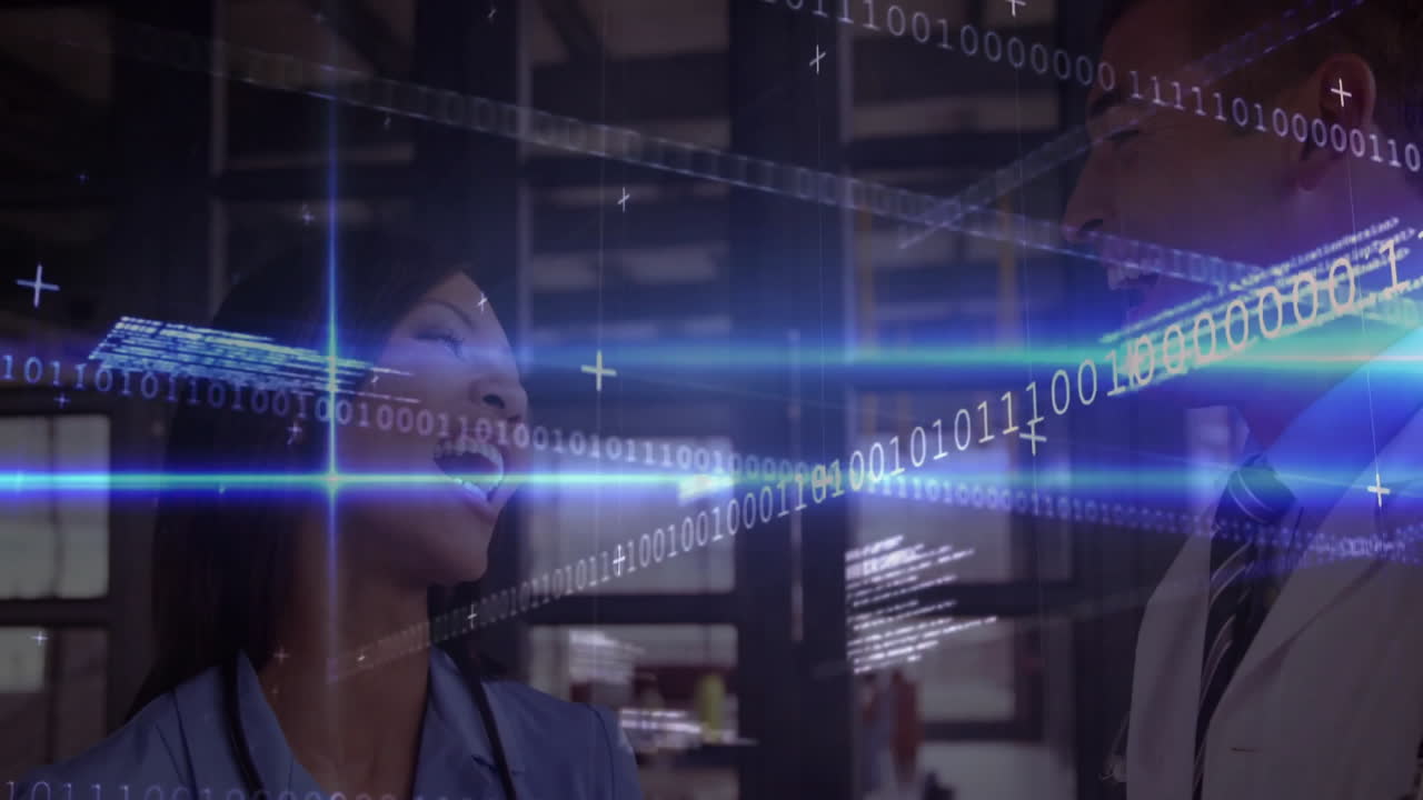 Binary code and digital data animation over people discussing in office