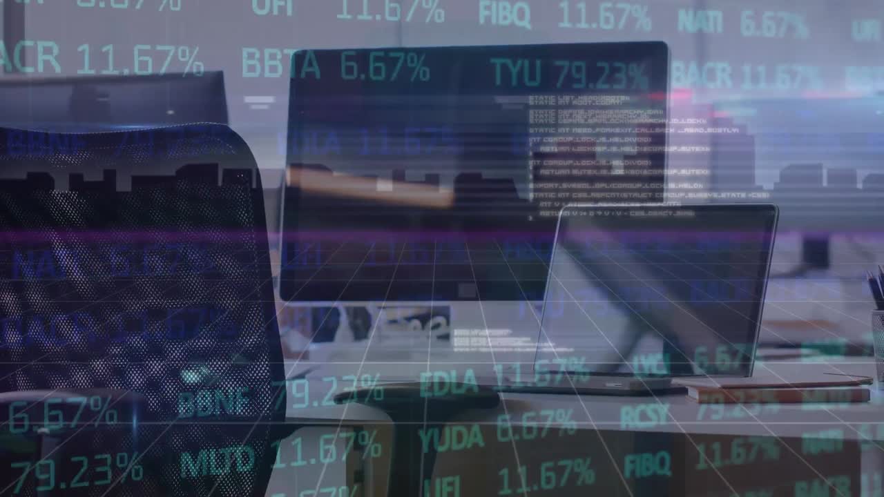 Animation of data processing over empty office