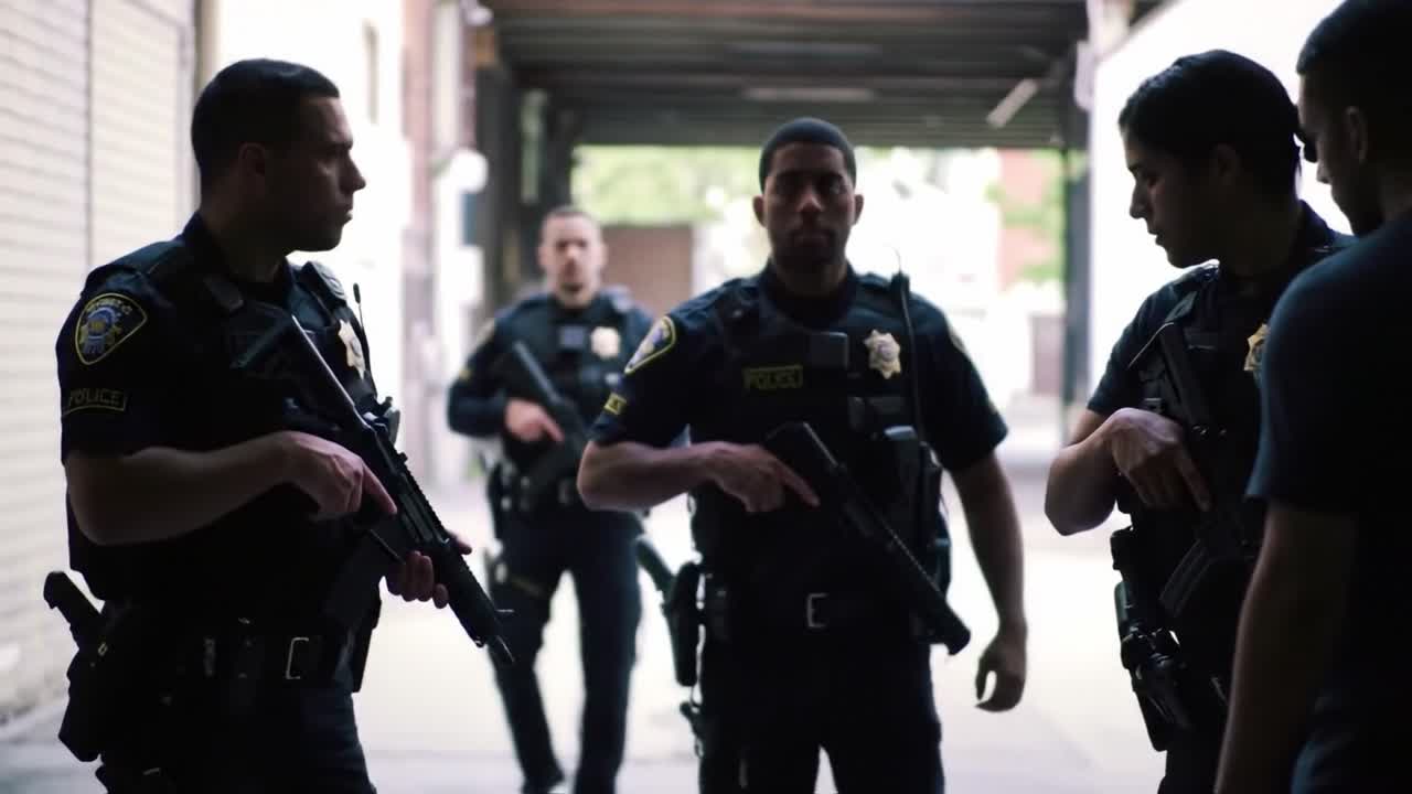 Three police officers clad in uniforms hold their rifles while talking with individuals in an urban alley. The interaction appears friendly as they engage the community.