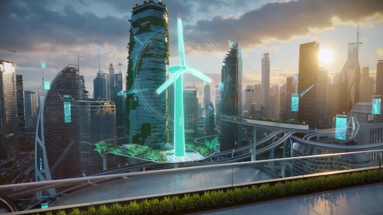Futuristic cityscape video with a low-angle view, showcasing eco-friendly architecture