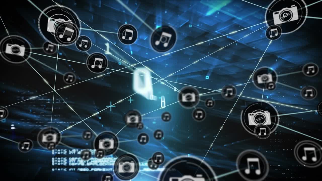 Animation of connected icons over binary codes and computer language on illuminated abstract pattern