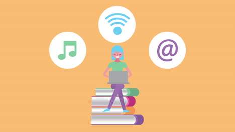 mujer joven con portátil y personajes de libros electrónicos
