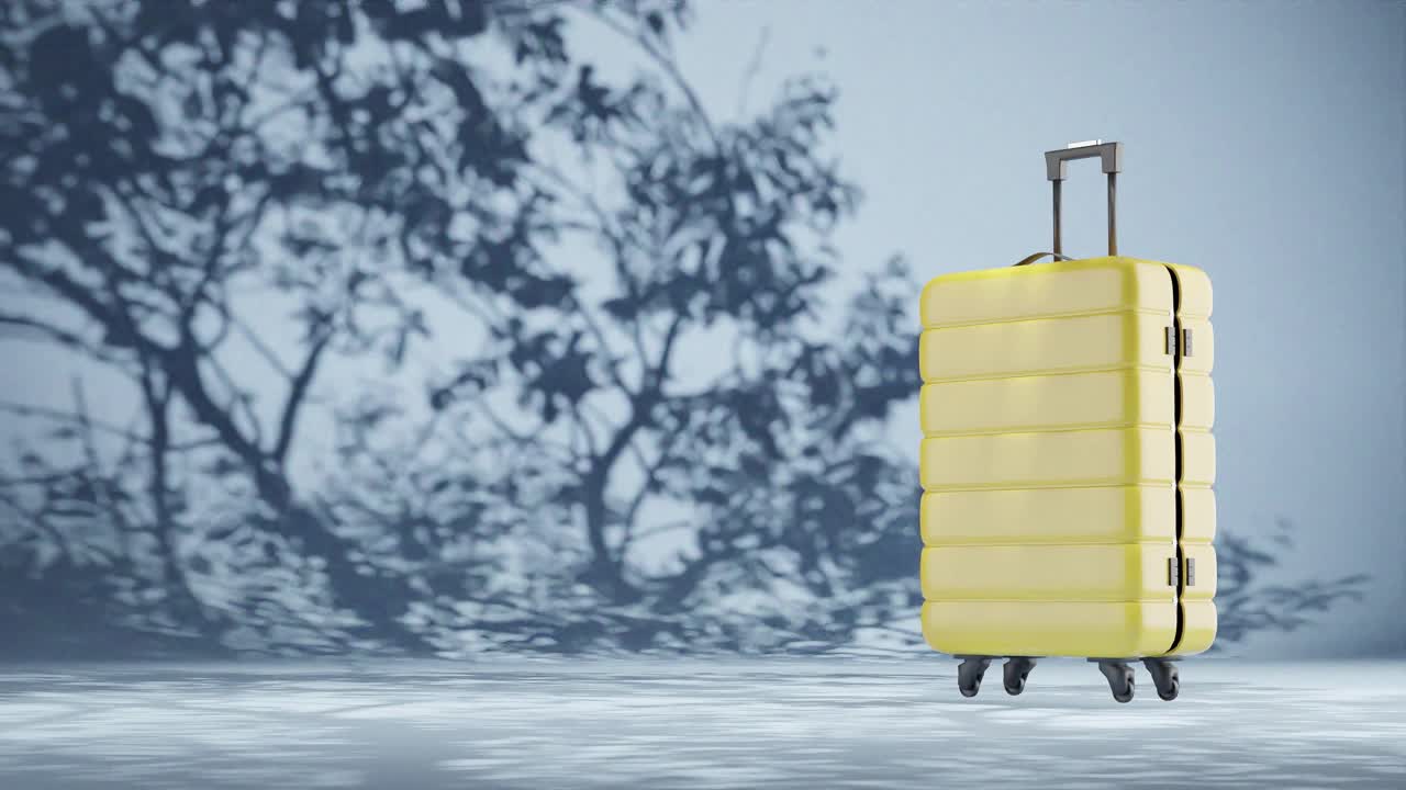 3d renderización de animación maleta de equipaje con hoja de árbol en fondo azul sombra concepto de viaje temporada de vacaciones