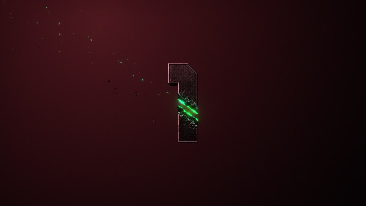 High quality 3D animated number Title Card or Chapter graphic, with hi tech sci-fi style 1 digit being zapped and sliced by a high powered laser, on a red background