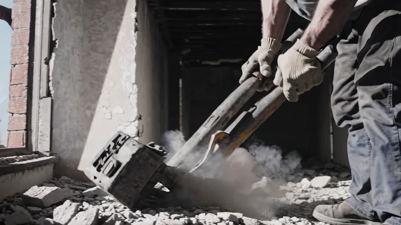 Demolition worker using hydraulic breaker