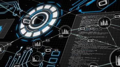 Animation of network of connections with icons over data processing