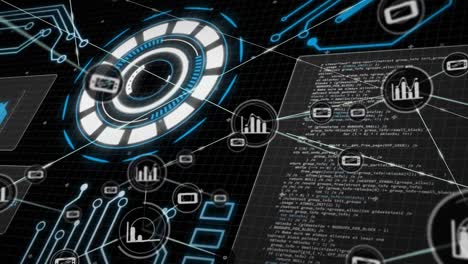 animation of network of connections with icons over data processing