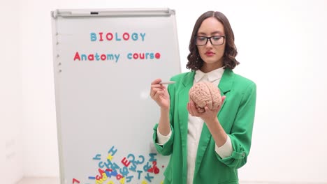 woman teaching an anatomy course with a brain model