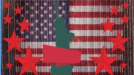 Animation-of-green-statue-of-liberty-with-copy-space-over-red-stars-and-american-flag