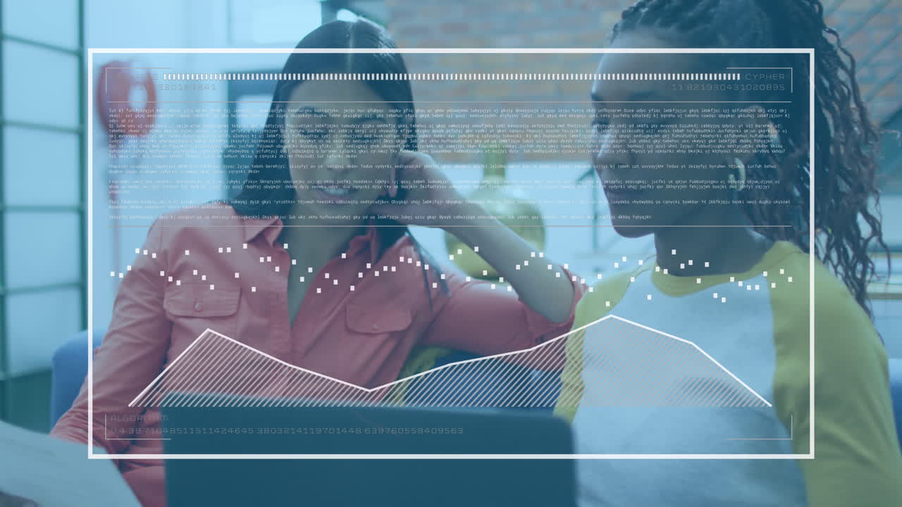 Animation of graphs, data, loading bar, diverse female coworkers discussing reports on laptop