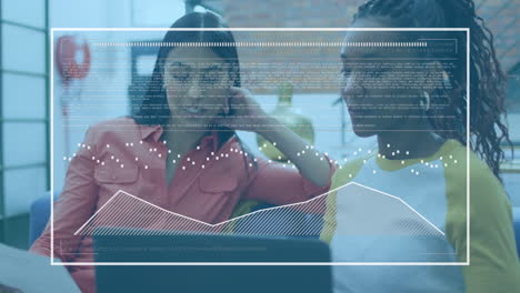 Animation-of-graphs,-data,-loading-bar,-diverse-female-coworkers-discussing-reports-on-laptop