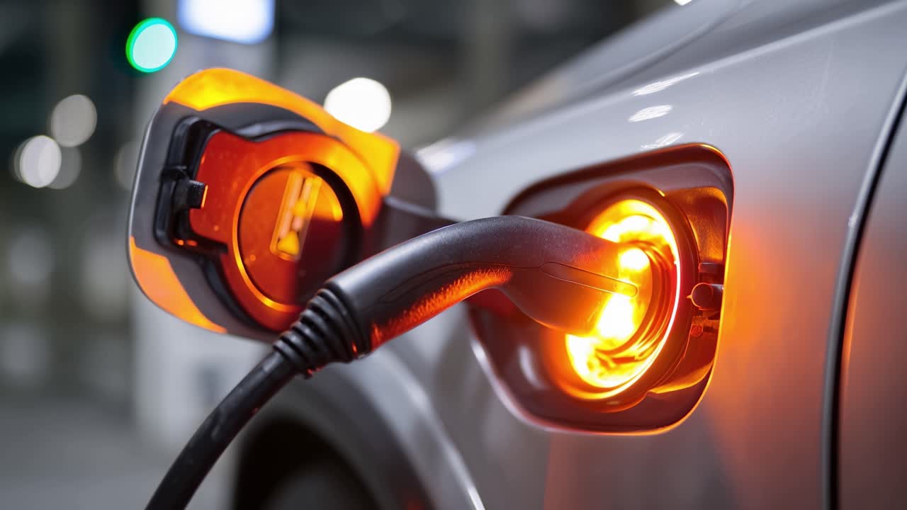 Parlayan Şarj Portuyla Bir İstasyonda Şarj Olan Elektrikli Otomobil
