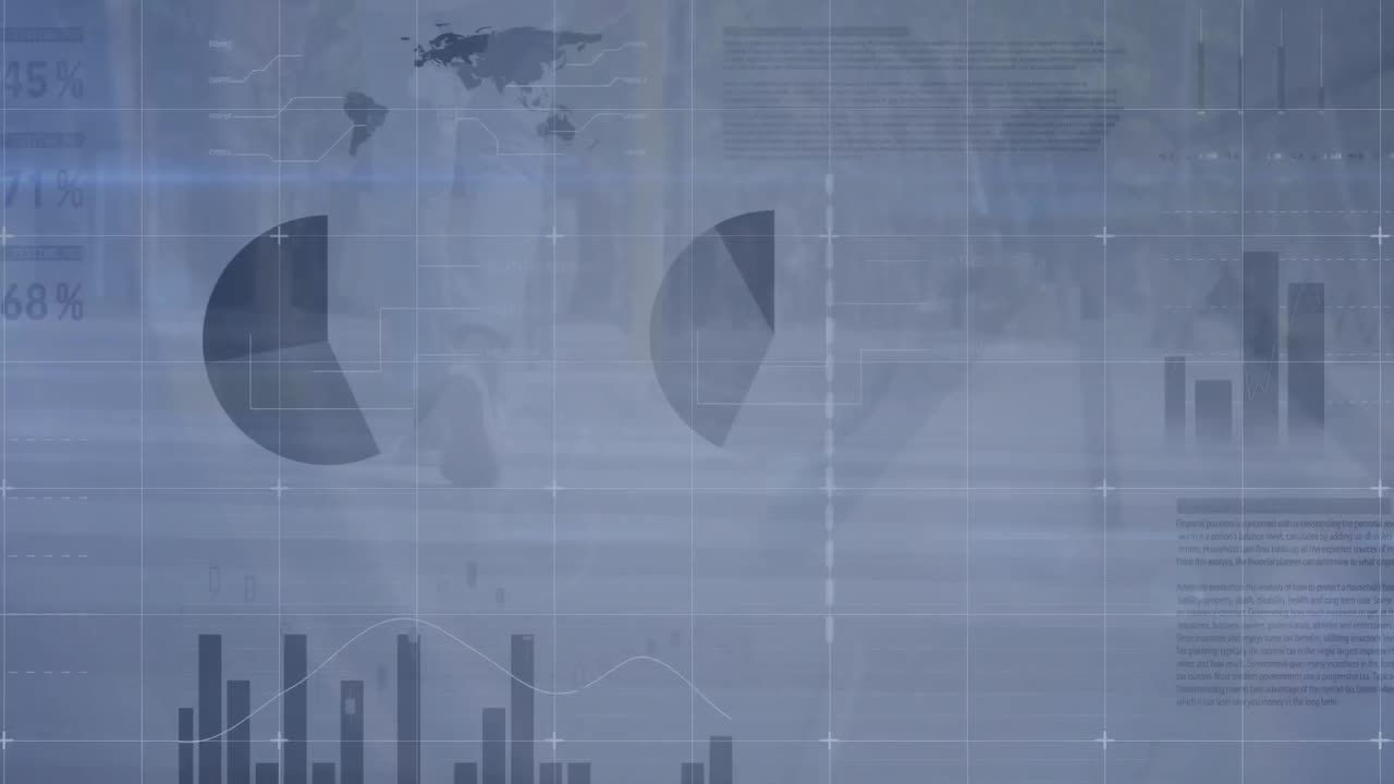 Animation of financial data processing over busy city street