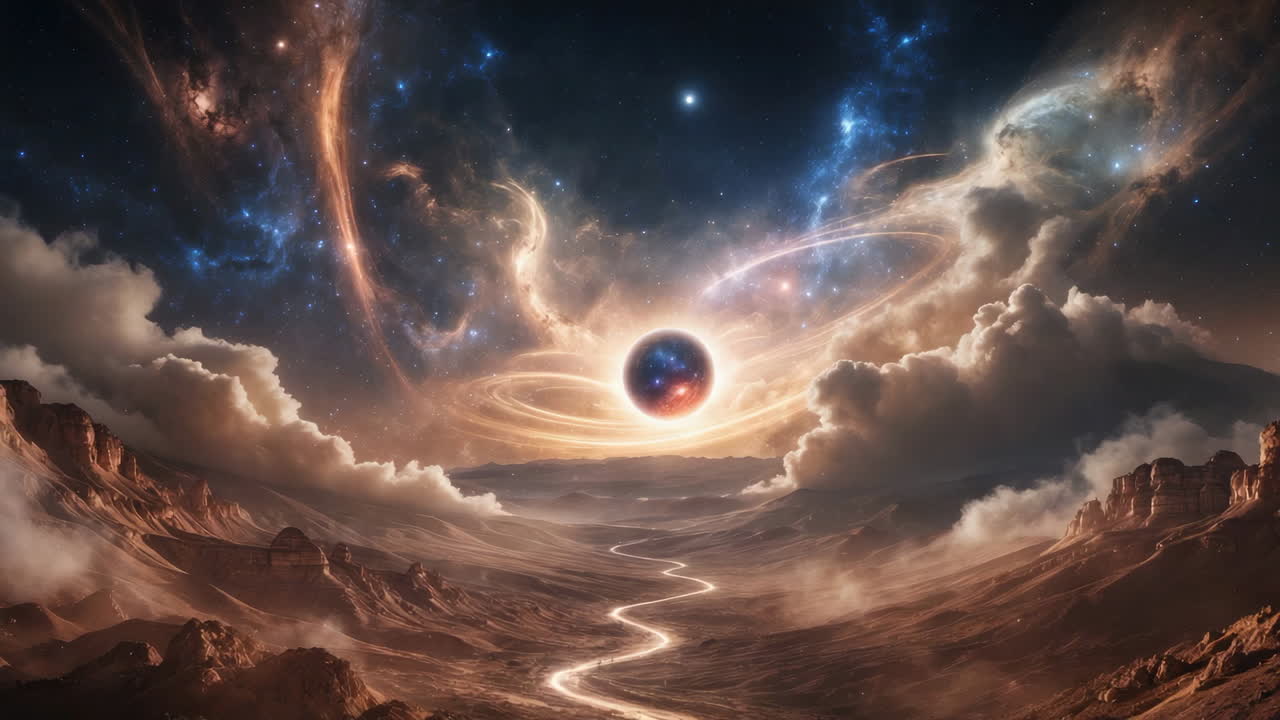 A surreal cosmic desert landscape featuring a luminous celestial orb under a vibrant star-filled sky
