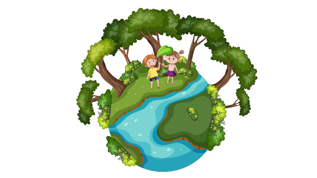 niños explorando un pequeño y exuberante planeta