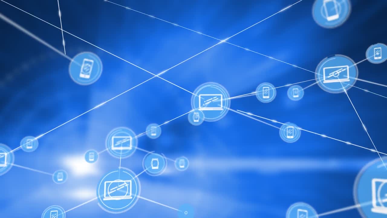 파란색 배경의 모양 위에 아이콘을 가진 연결 네트워크의 애니메이션