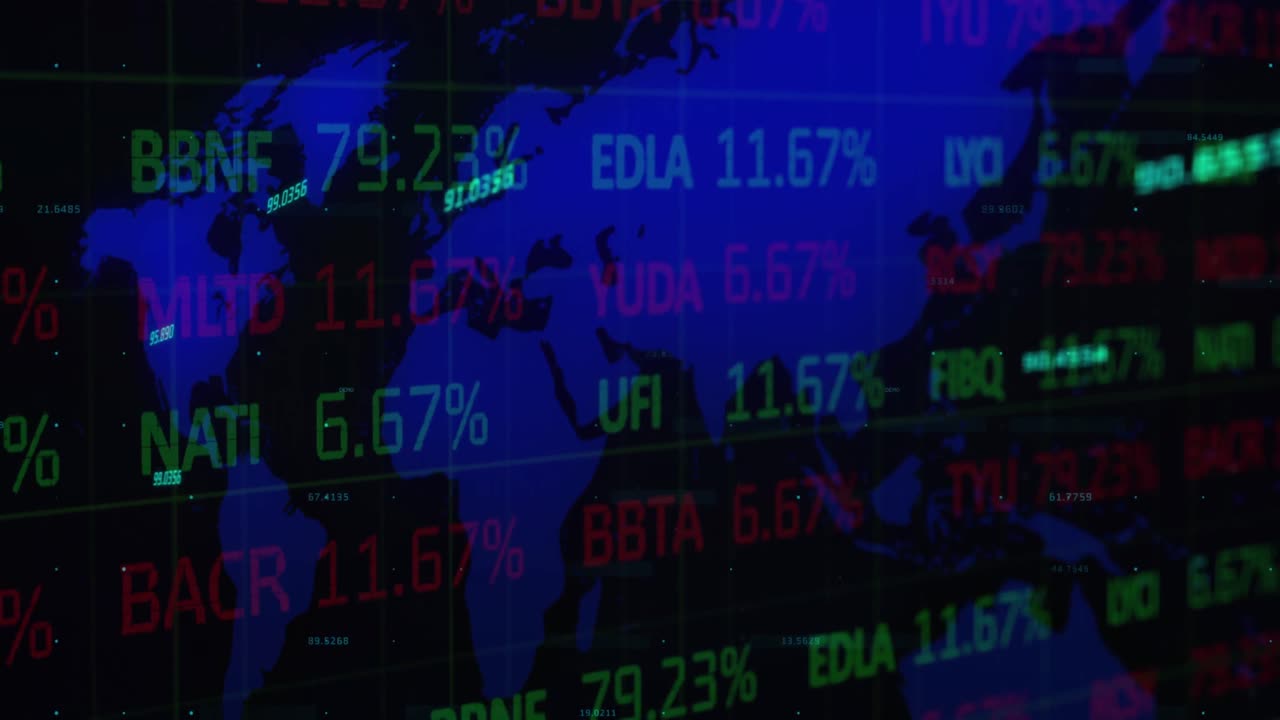 animación de estadísticas y procesamiento de datos financieros sobre el mapa del mundo