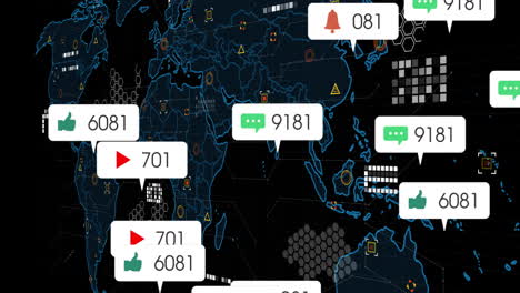 Animación-Del-Procesamiento-De-Datos-Digitales-Y-Mapa-Mundial-Sobre-Fondo-Negro