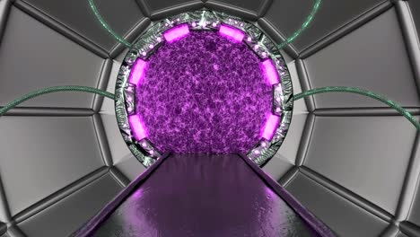 panoramic view to the station landscape scene. 3d abstract background of sci-fi corridor with portal. futuristic technology abstract seamless vj for tech titles and background.