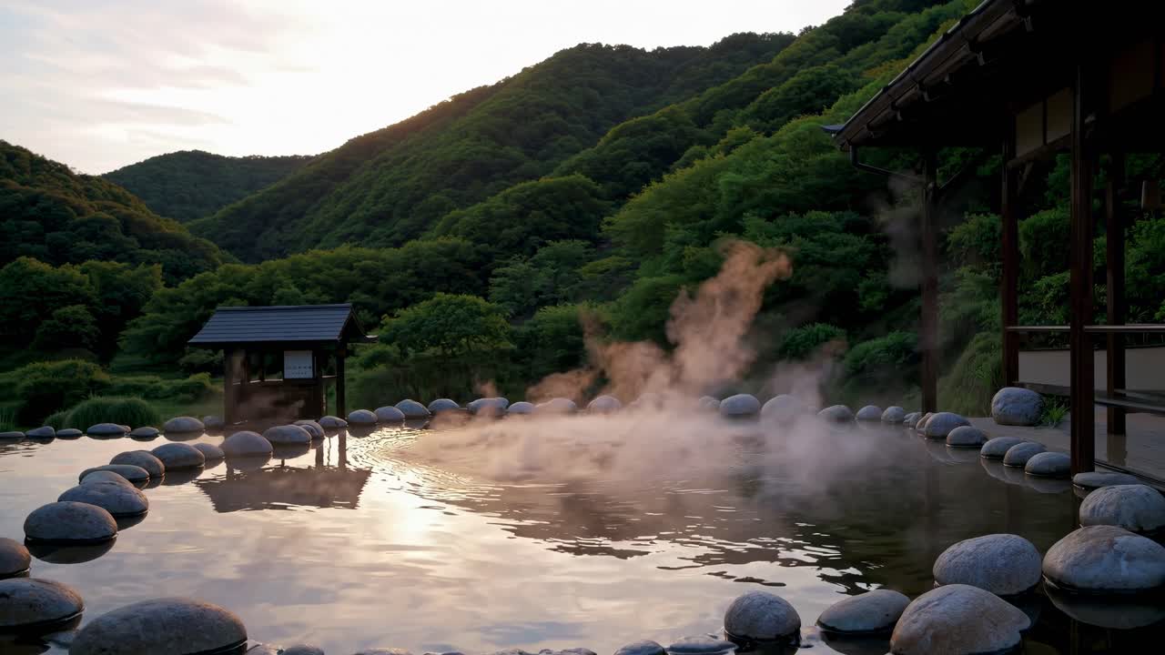 Serene hot spring surrounded by lush mountains at sunset