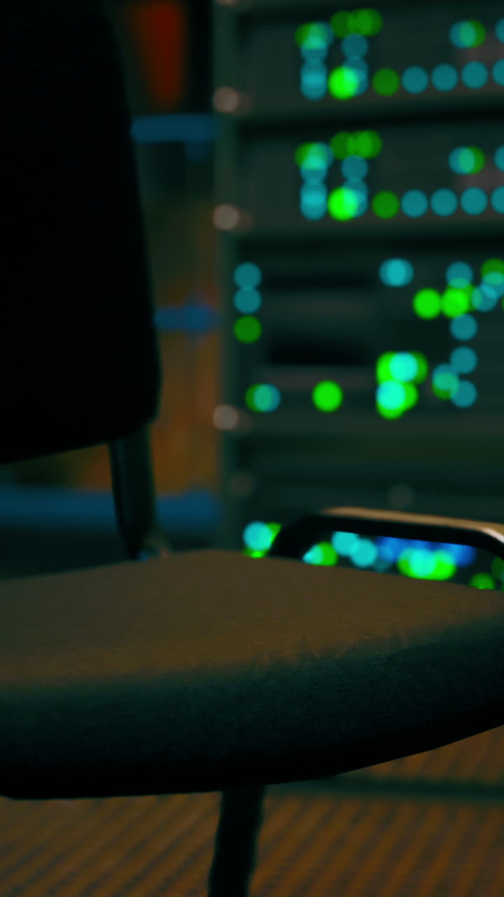 una silla en una sala de servidores con luces parpadeantes en el fondo