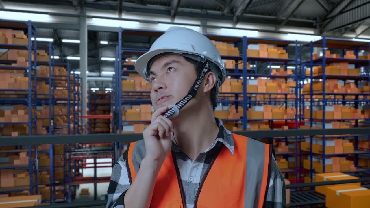 안전 헬을 입은 아시아 남성 엔지니어가 배달 물품으로 가득 찬 선반을 가진 창고에 서서 무언가를 생각하고 창고를 둘러보고 있습니다.