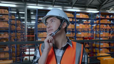 close up de ingeniero masculino asiático con casco de seguridad de pie en el almacén con estantes llenos de bienes de entrega. pensando en algo y mirando a su alrededor en el almacenamiento