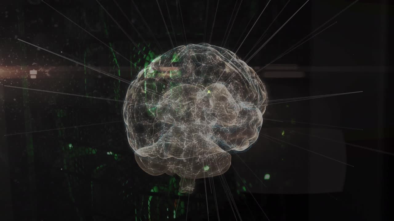 animación de conexiones y cerebro digital sobre la sala de servidores