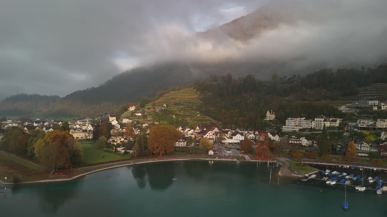 Weesen village Walensee Lake Walen Switzerland autumn fall season, aerial drone