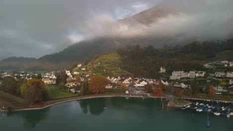 weesen village walensee lake walen switzerland autumn fall season, aerial drone