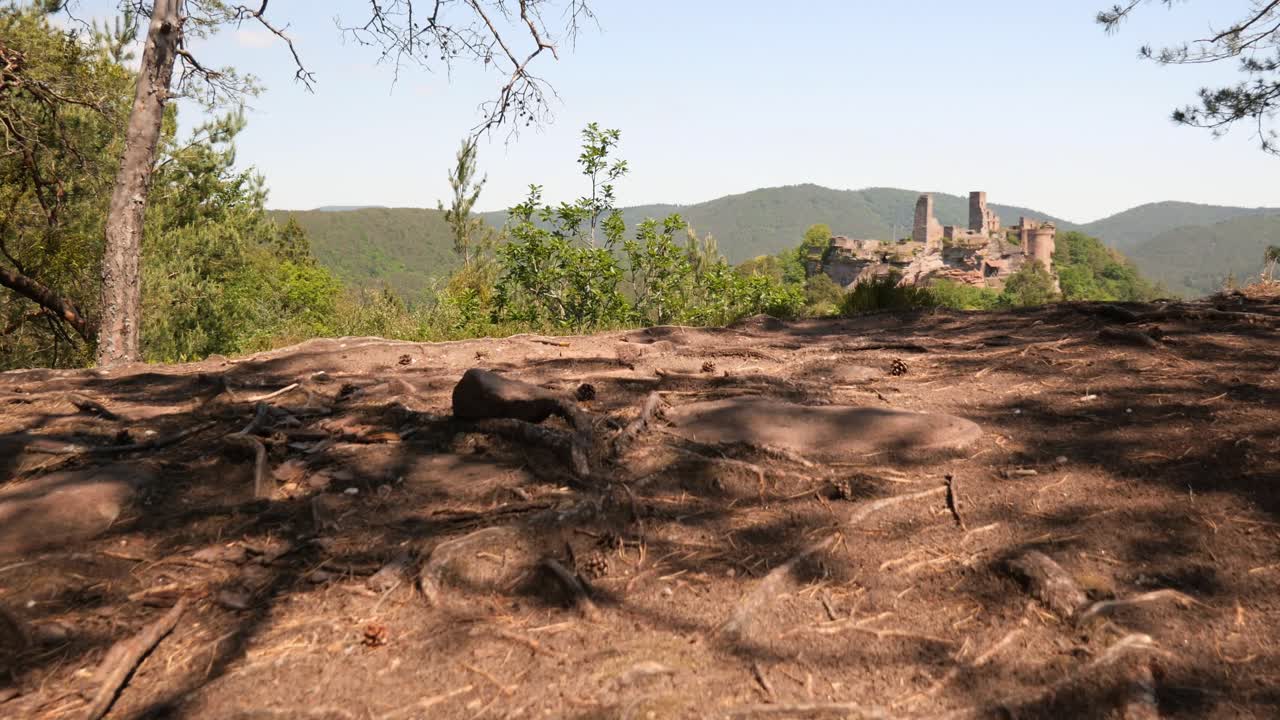 View on the Altdahn Castle Ruin from the Haferfels in the Palatinate Forest, Germany