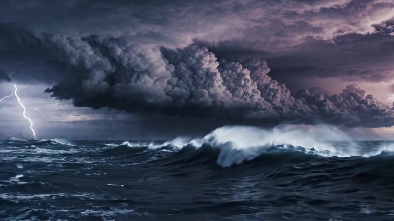 Una spettacolare manifestazione della natura: L'oceano in tempesta sotto scure nuvole temporalesche raffigura un intenso fenomeno atmosferico e la potenza del mare.