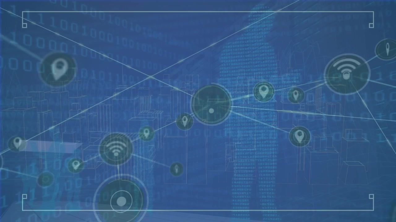 Animation of network of connections and binary code and human silhouette over blue background