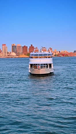 New York, USA, 8 July 2025: Cruise boat near NYC. A cruise boat glides through the water with New York City&#039;s skyline in the background under a clear blue sky