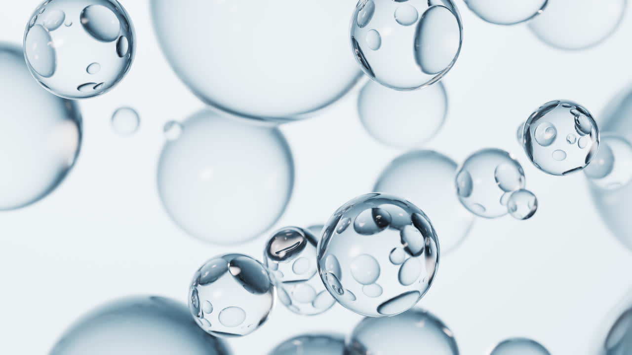 Floating transparent blue bubbles background, 3d rendering.