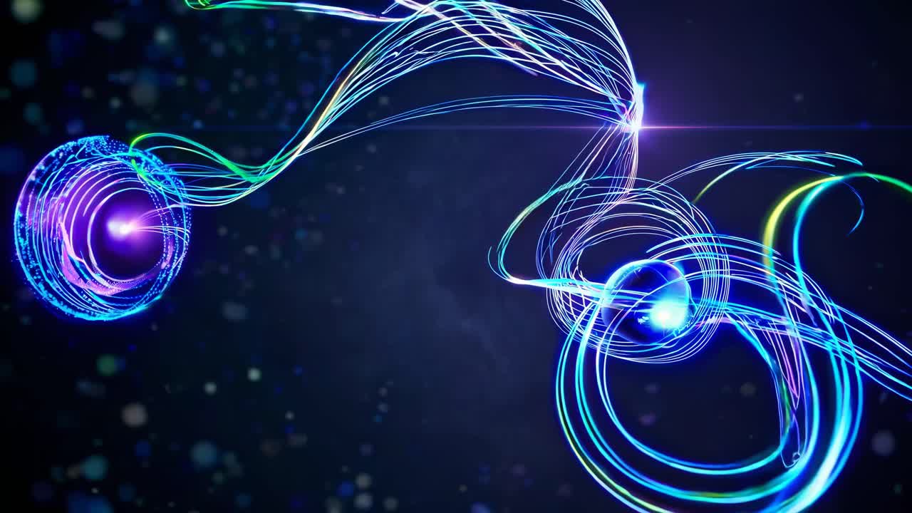 Dynamic video with swirling neon light trails on a dark background, captured from a wide-angle