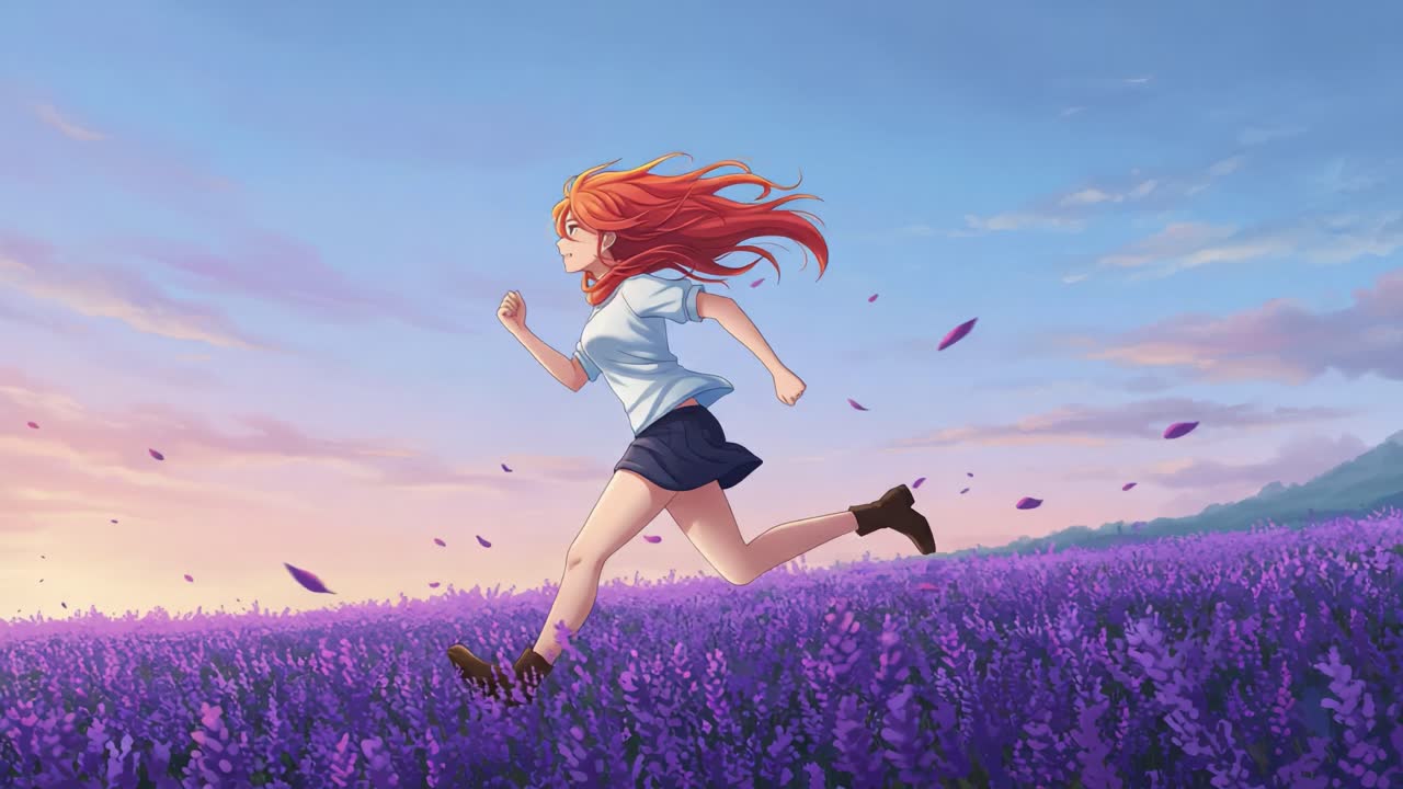 A young girl joyfully dashes through a vibrant lavender field, her long red hair flowing in the gentle breeze as the sun sets in the beautiful horizon, creating a magical atmosphere