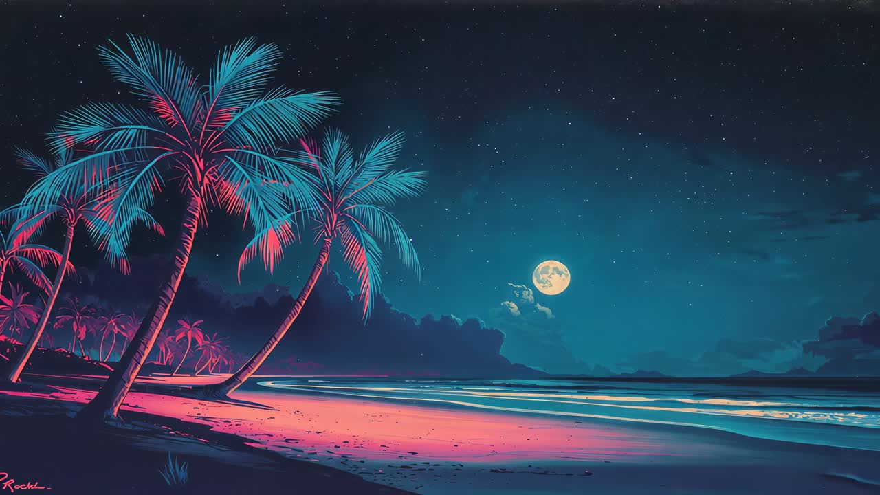 Inquadratura con panoramica che mostra palme piegate su sabbia al neon e mare illuminato dalla luna, rivelando acque aperte, spazio per il testo