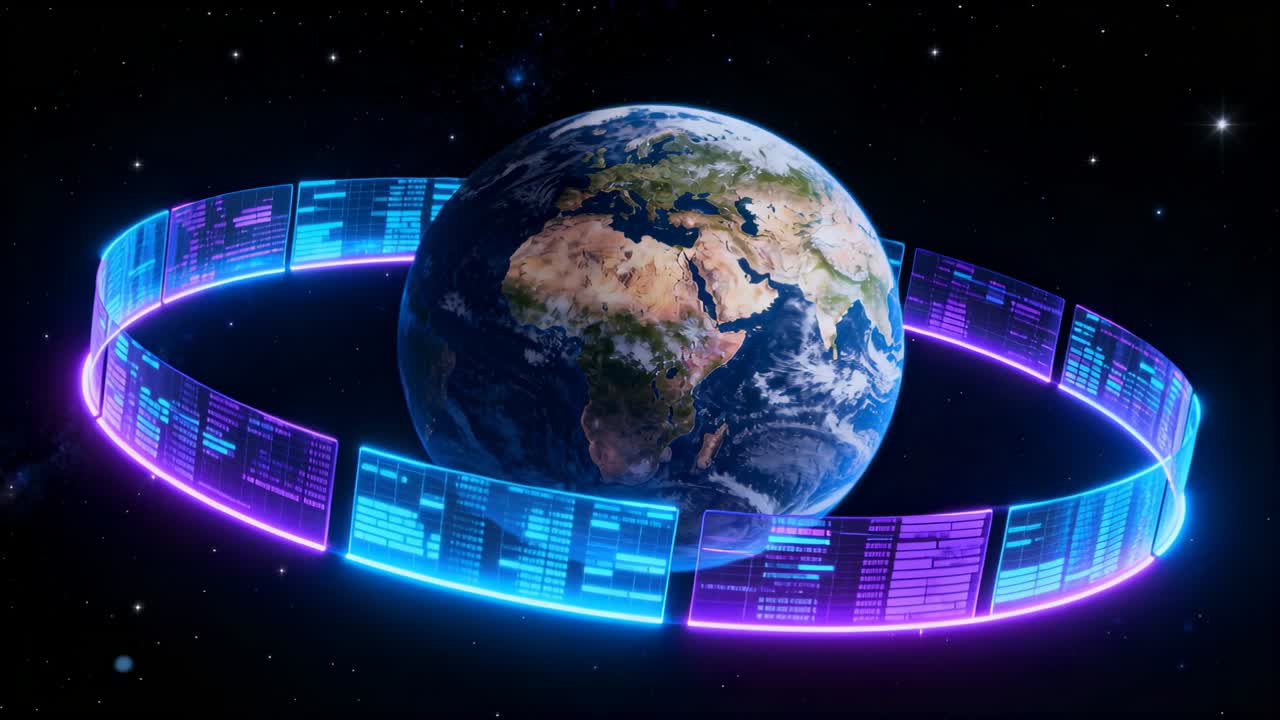 Play starting data ring orbiting Earth, rotating clockwise showing neon cyan panels for technology