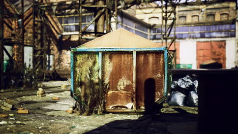 abandoned industrial site with rusted structure under bright sunlight