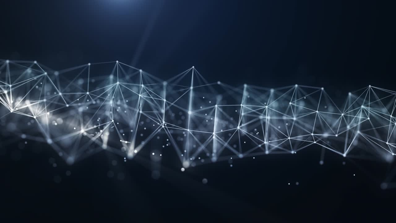 Abstract Plexus Digital Blue white Color Wave Triangulation Shapes on digital blue color wave with flowing small particles dance motion on wave and light abstract background. Cyber or technology background.